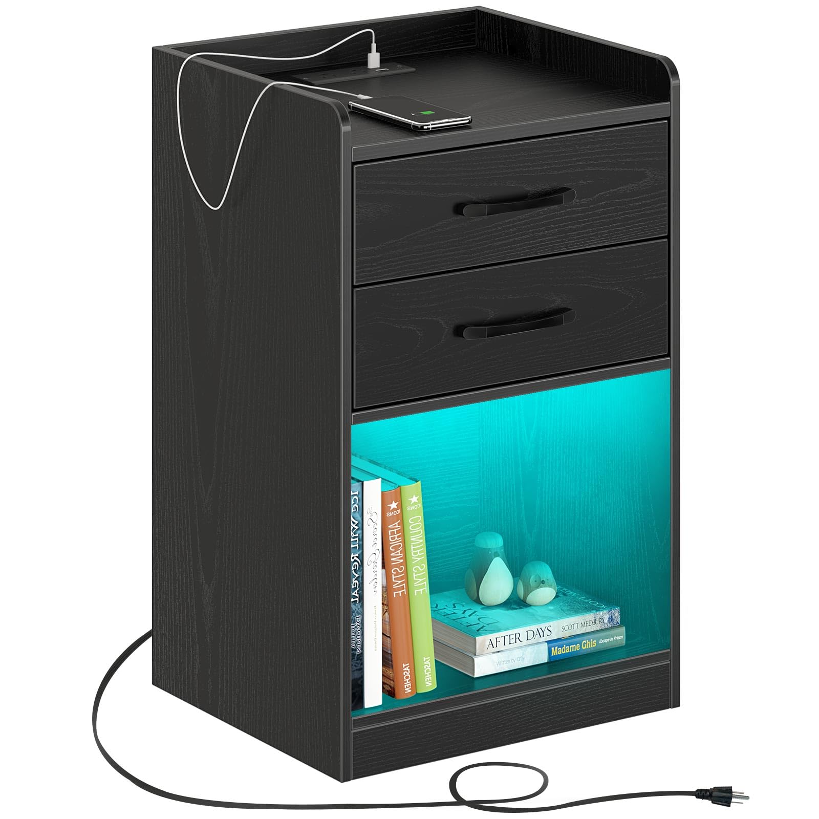 Nightstand with Charging Station and LED Lights, Modern Night Stand with 2 Drawers