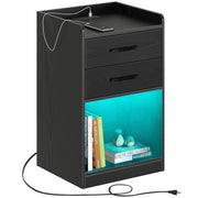 Nightstand with Charging Station and LED Lights, Modern Night Stand with 2 Drawers