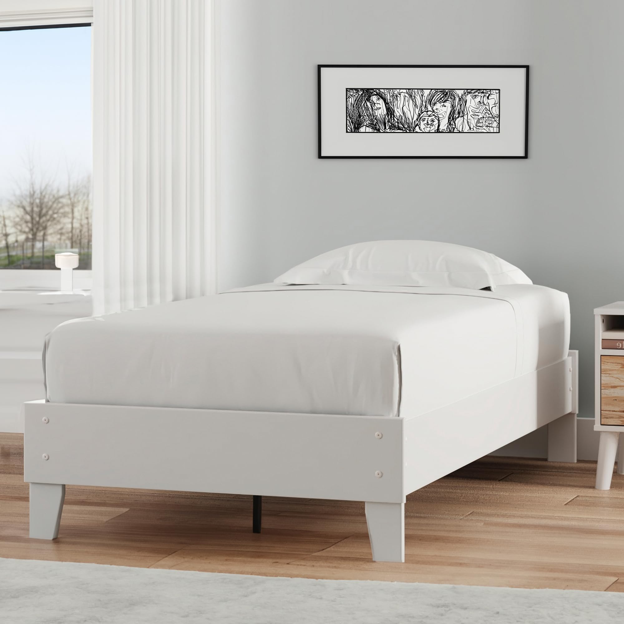 Asher Modern Twin Size Platform Bed, Minimalistic Crisp White Wood Base