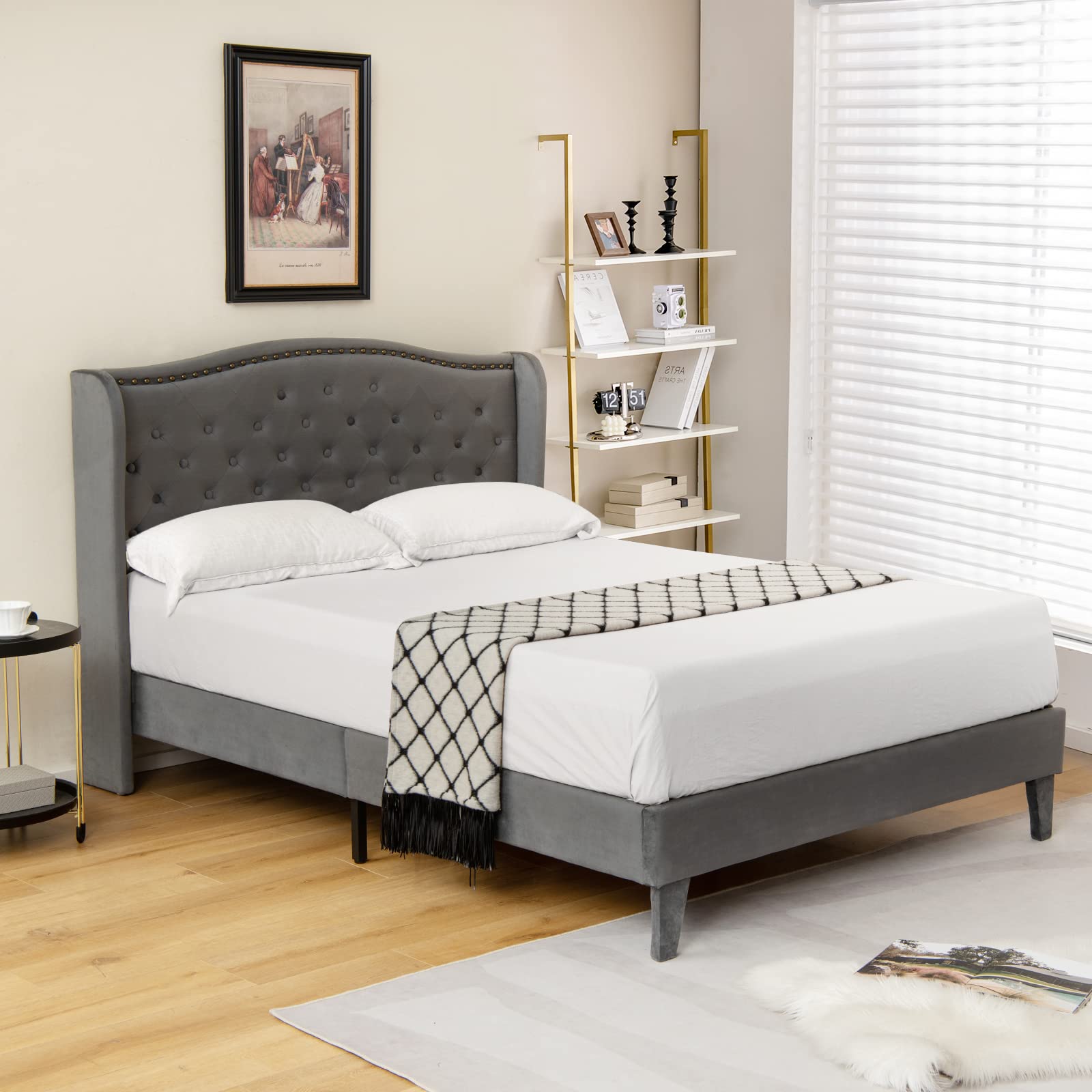 Velvet Upholstered Bed Frame, Wingback Platform Bed