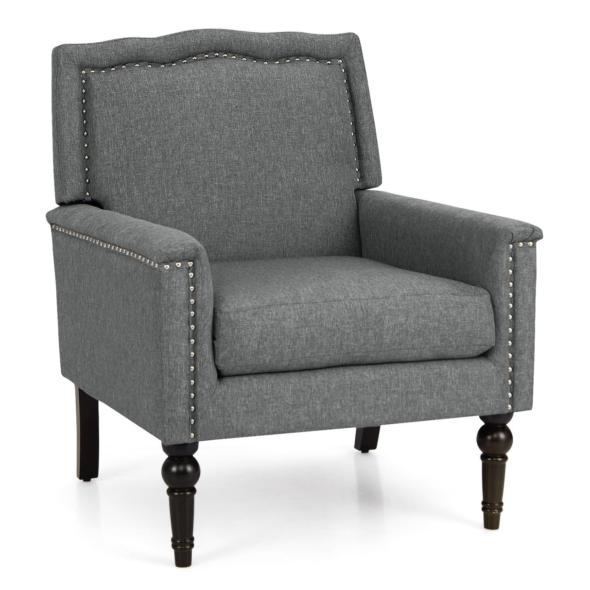 Modern Accent Chair Grey, Linen Fabric Upholstered Armchair w/Rubber Wood Legs, Nailhead Trim, Max Load 440 Lbs, Comfy Single Sofa Side Chair for Living Room Bedroom