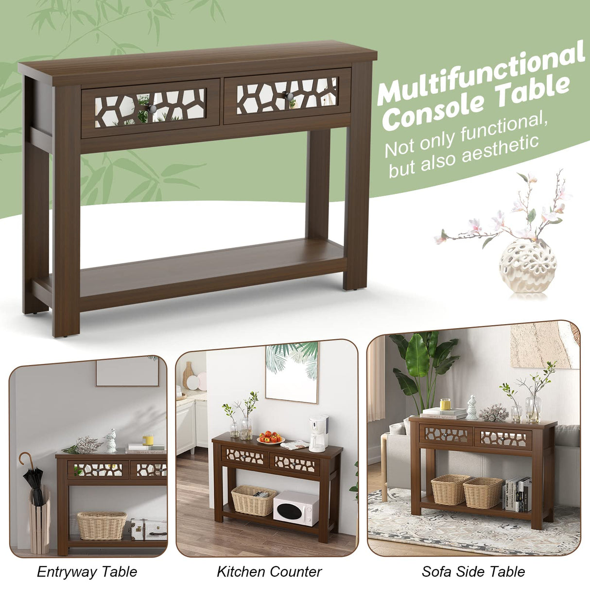 2-tier Console Table with Drawers, Wood Entryway Table with 2 Drawers & Open Storage Shelf for Living Room Entryway,