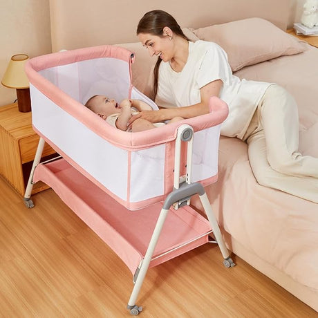 Bassinet Bedside Crib with Storage Basket and Wheels, Easy Folding Bed Side Sleeper