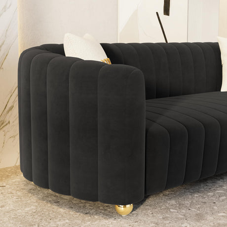 Modern Black Velvet Couch for Living Room, 83.46" Curved Black Sofa with Gold Metal