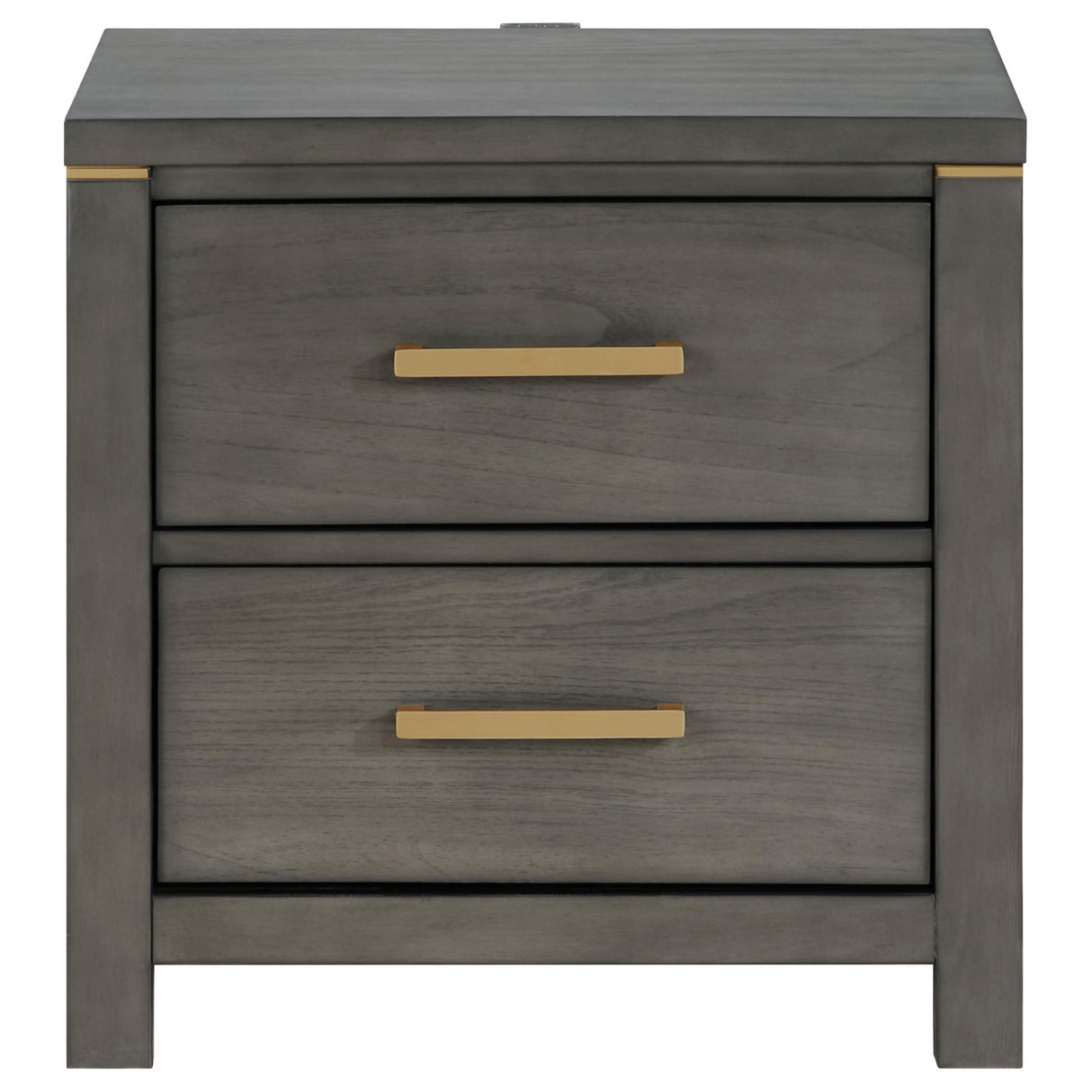 Benjara Ren Nightstand, 2 Drawers, Tone Accents, Bar Handles, Dark, Gray and Brass