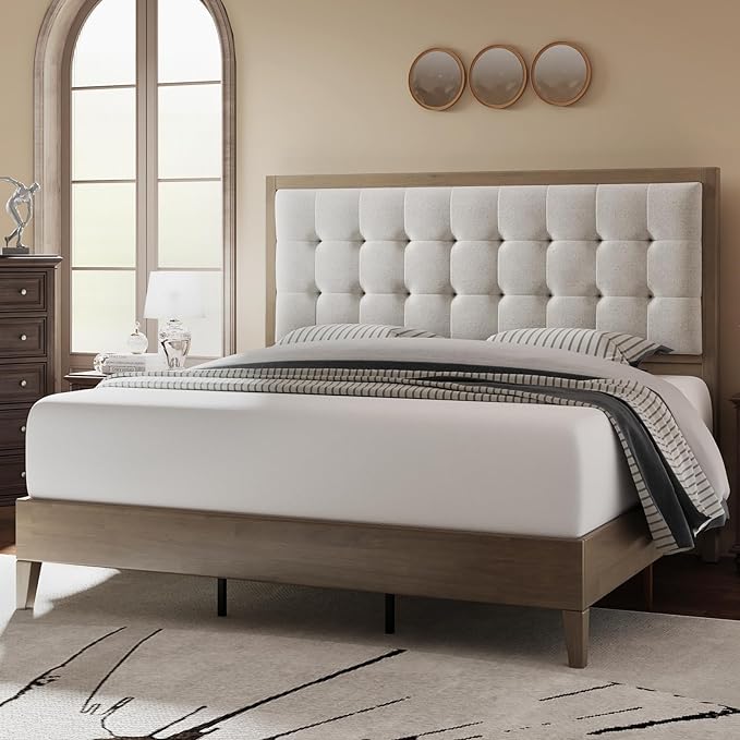 Wood Platform Bed Frame Full Size Upholstered Tufted Headboard/Solid Wood Bed No