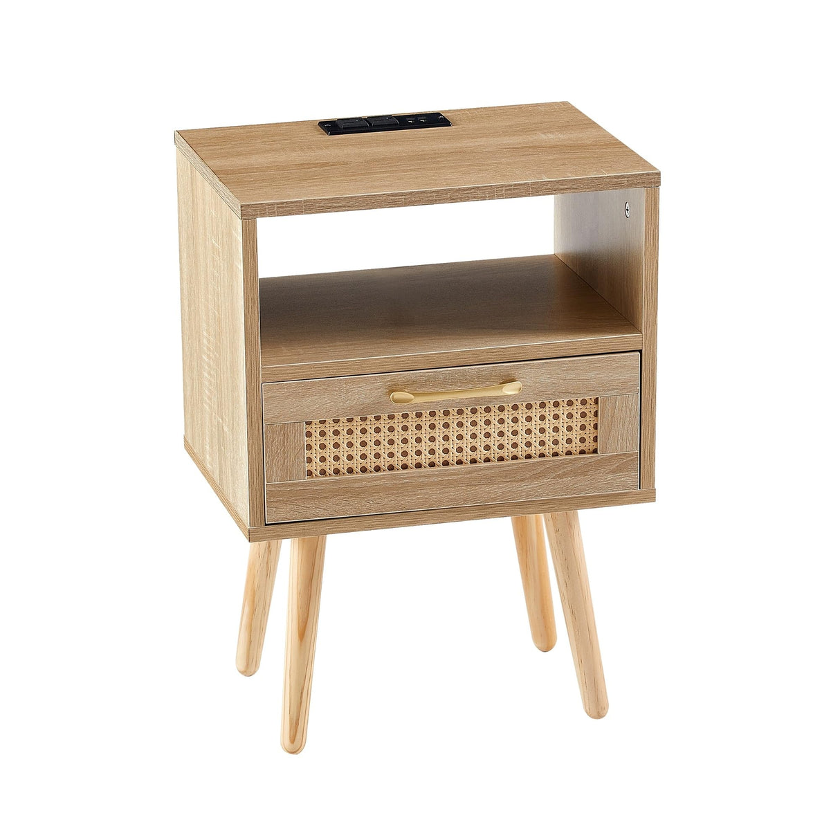 Rattan End Table with Drawer and Wood Legs, Modern nightstand, Side Table Brown