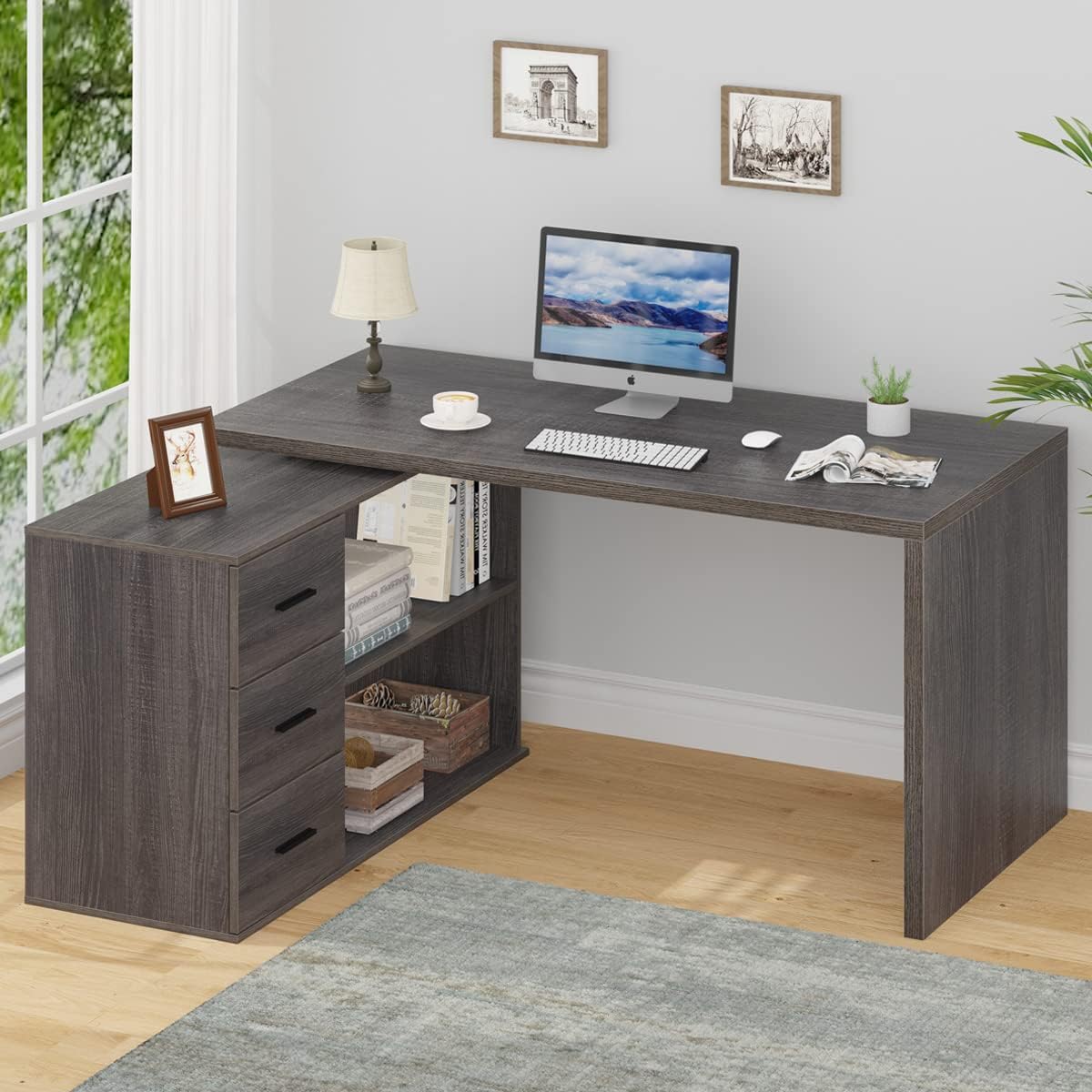 Shaped Desk with Drawers, Shape Computer Storage Cabinet Shelves, Reversible Modern Industrial Home Office Corner Desk