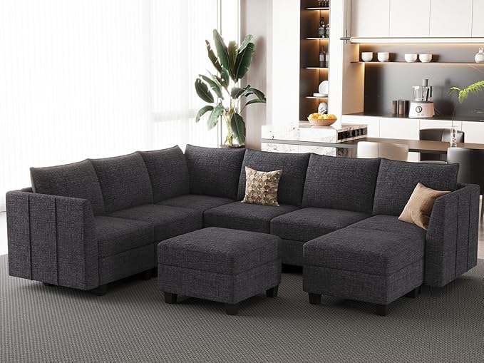 Large Modular Sectional Sofa Sleeper Sectional Couch with Storage Chenille Sectional Sofa Bed for Living Room, 9 Seats, Dark Grey