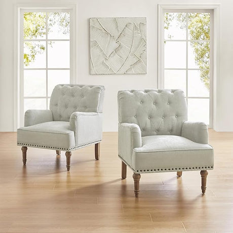 Set of 2 Modern Accent Chair with Retro Wood Legs, Comfy Upholstered Armchair with Button-Tufted and Nailhead Trim for Living Room Bedroom, Oatmeal