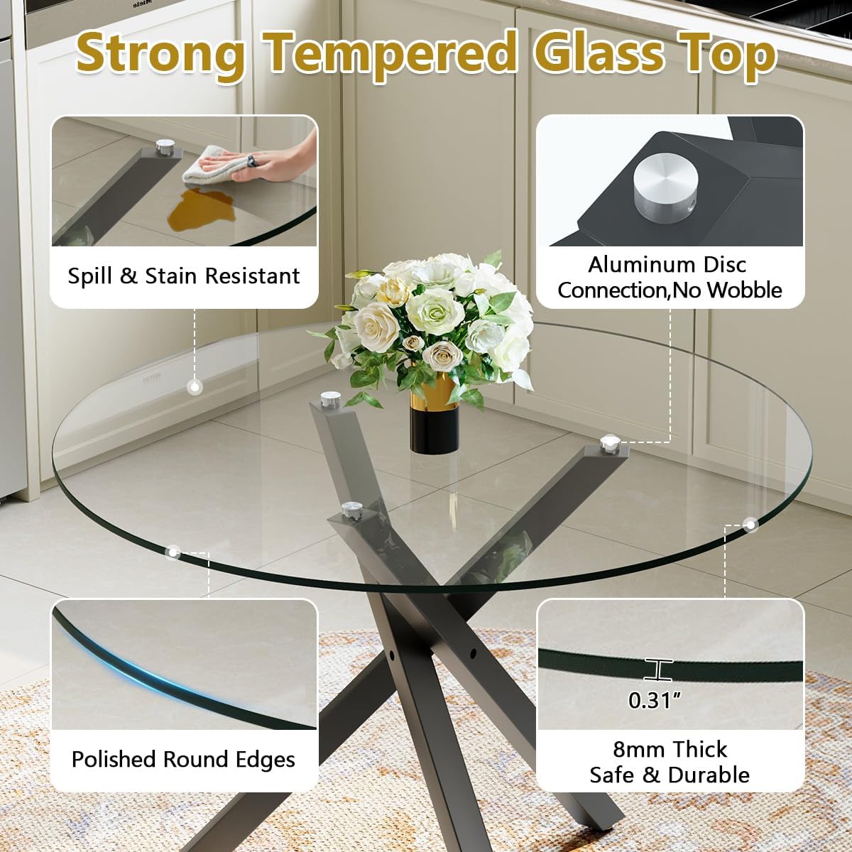 39" Round Glass Dining Table Set for 4 - Modern 5-Piece Kitchen Set