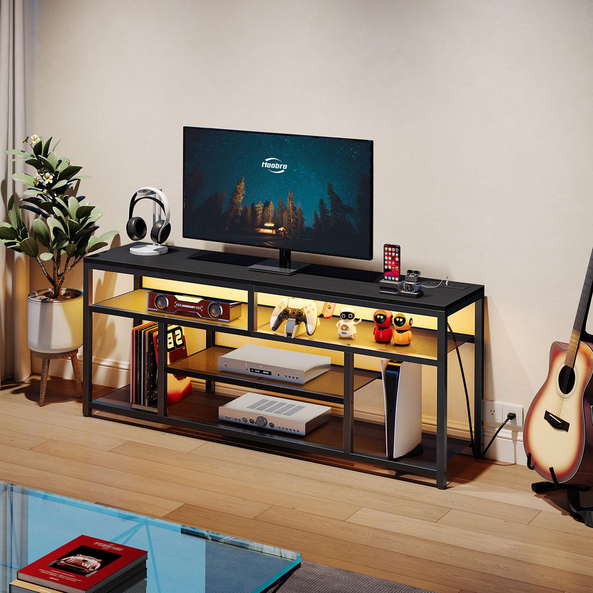 LED TV Stand with Charging Station - 4-Tier Entertainment Center for 65" TVs