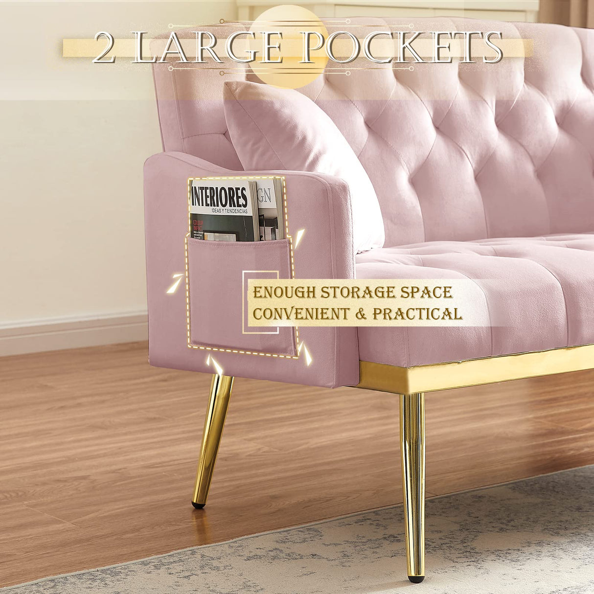 Velvet Loveseat Sofa, Modern Small Sofa Couch with Side Pocket and Golden Metal Legs, Tufted Leisure Sofa for Living Room, Bedroom, Office, Pink