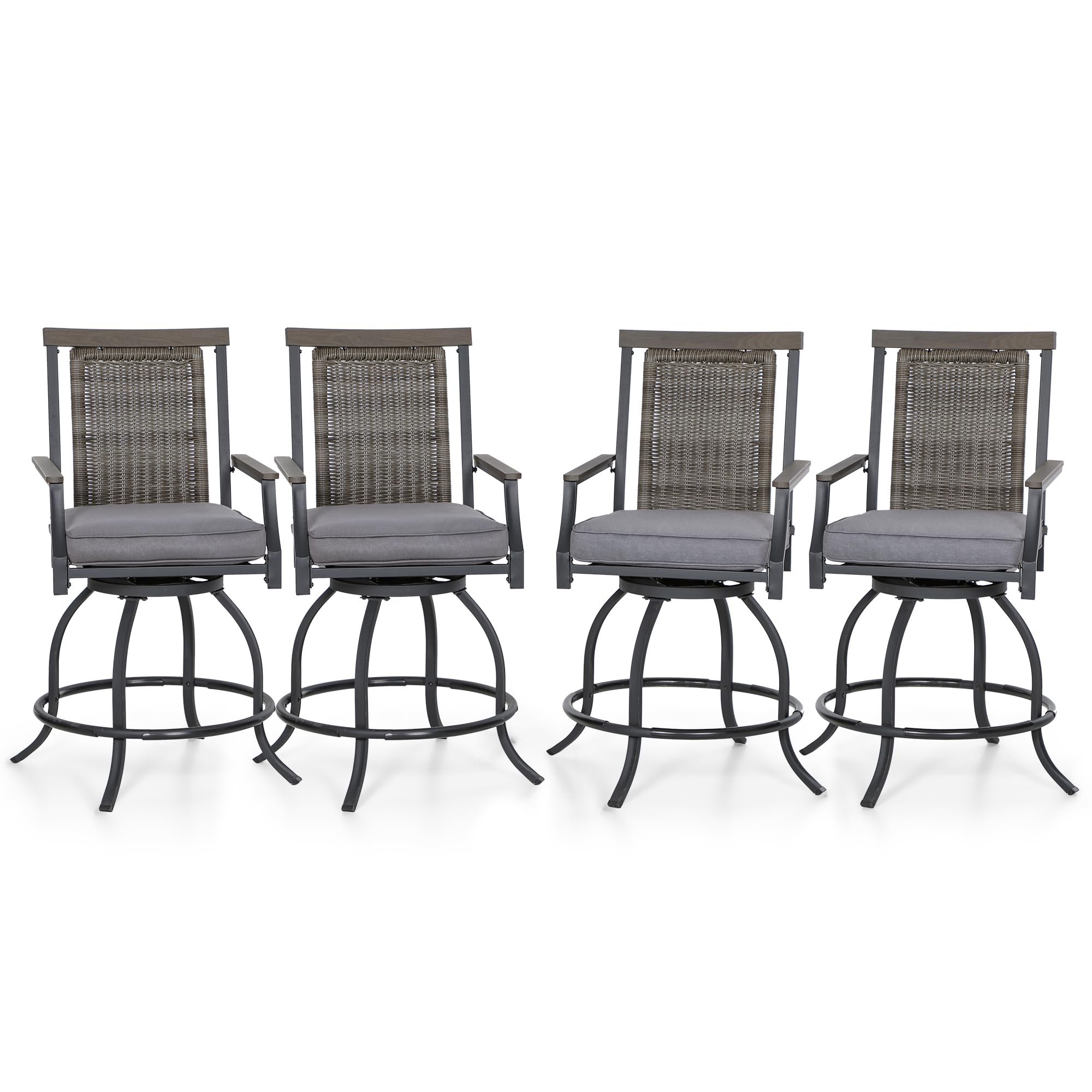 Outdoor Swivel Bar Stools Set of 4, 24" Counter Height Patio Bar Chairs with Grey Cushion, Rattan Backrest and Wood-Like Armrest for Garden, Yard, Deck