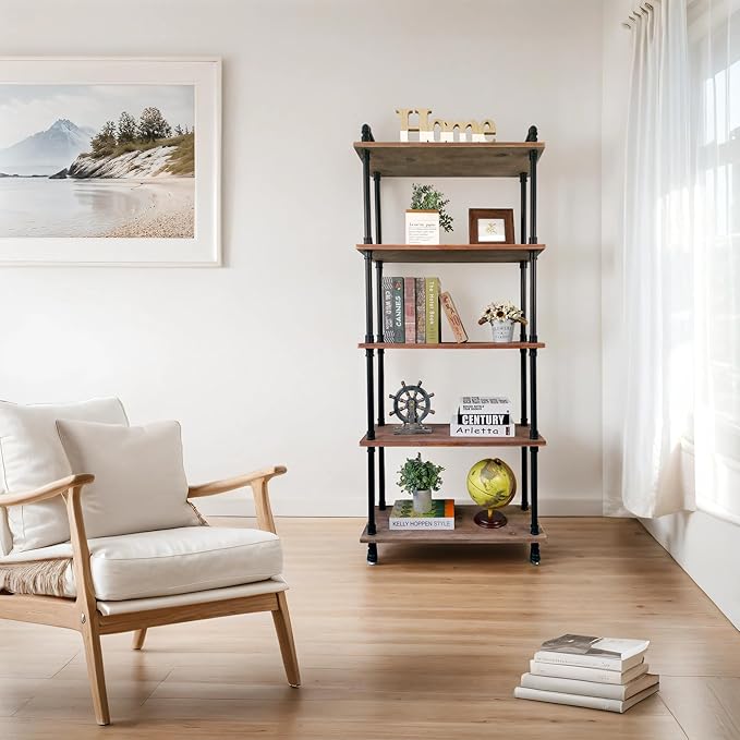 Industrial Bookshelves, Wood Pipe Bookshelf, 5 Shelf Rustic Display Storage Tall Standing