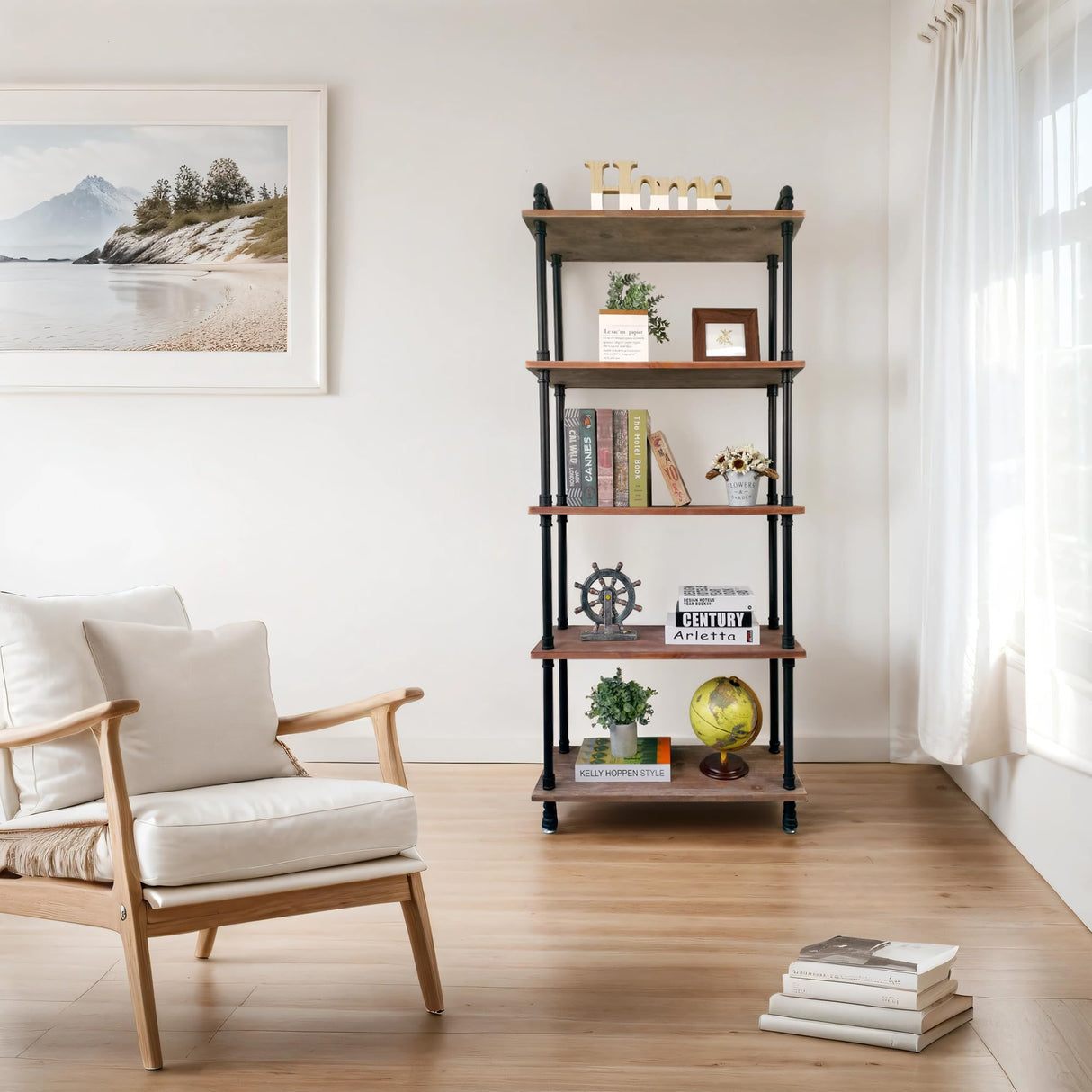 Industrial Bookshelves, Wood Pipe Bookshelf, 5 Shelf Rustic Display Storage Tall Standing