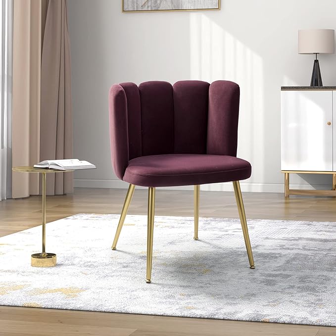 Velvet Dining Chair Modern Living Room Chair with Shell Back and Golden Metal Legs,