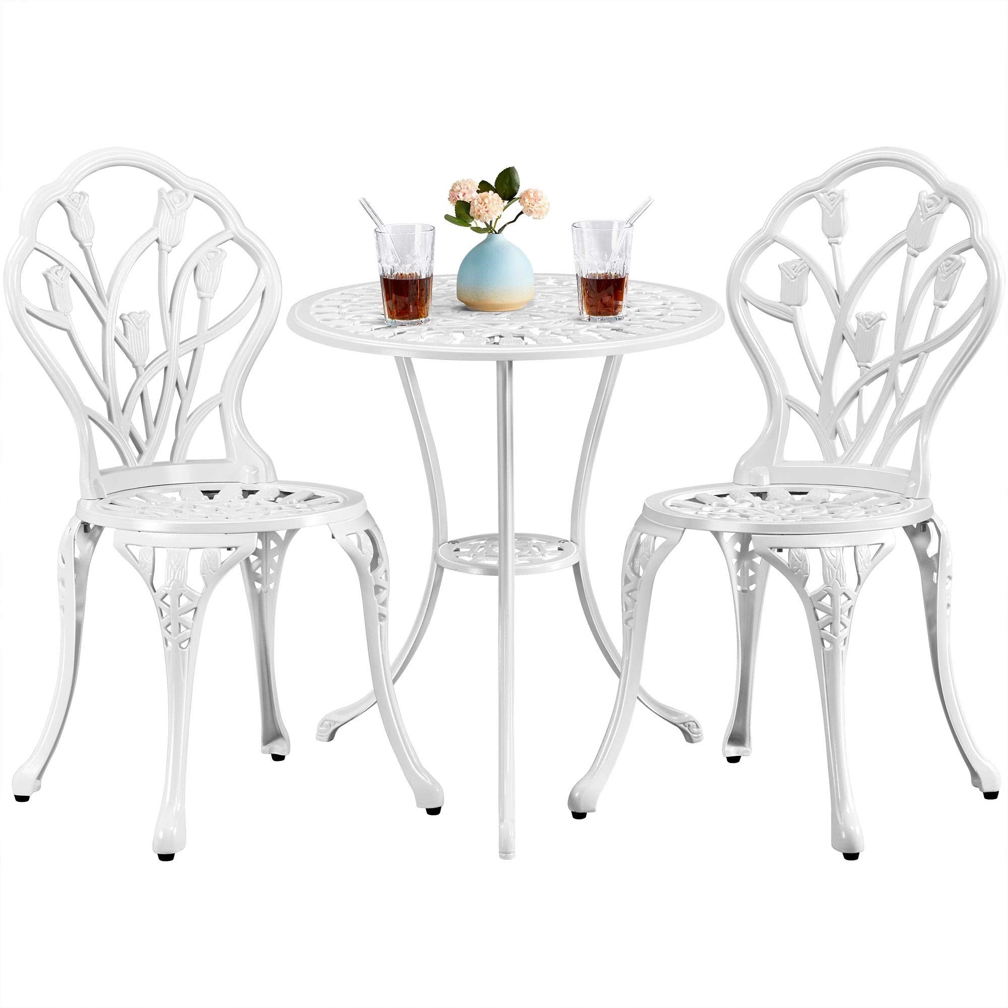 3-Piece Outdoor Bistro Set w/Floral Design, Rust-Resistant Cast Aluminum Table and Chairs w/Umbrella Hole for Balcony, Backyard, Garden, White