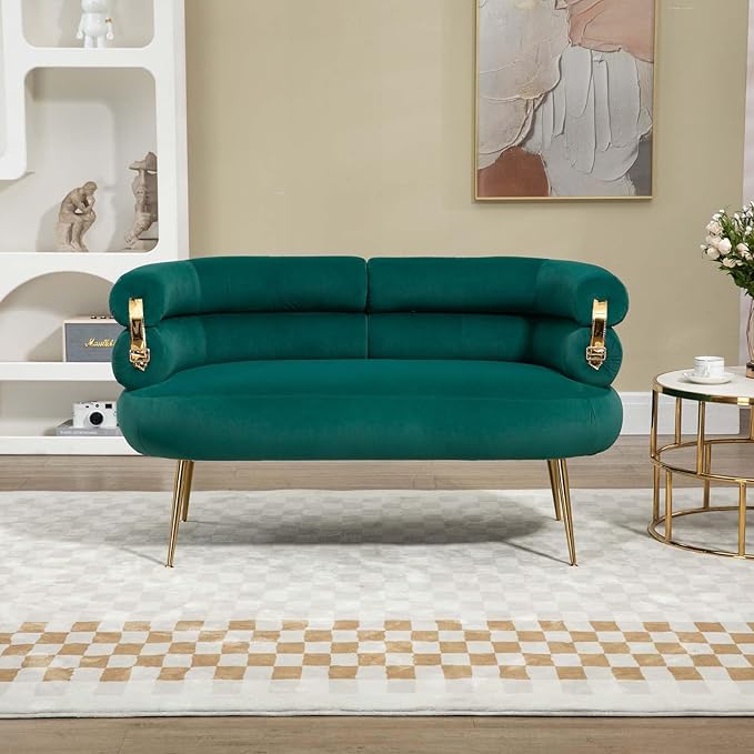 Modern Velvet Accent Loveseat Sofa, Upholstered Sofa Chair with Golden Metal Legs