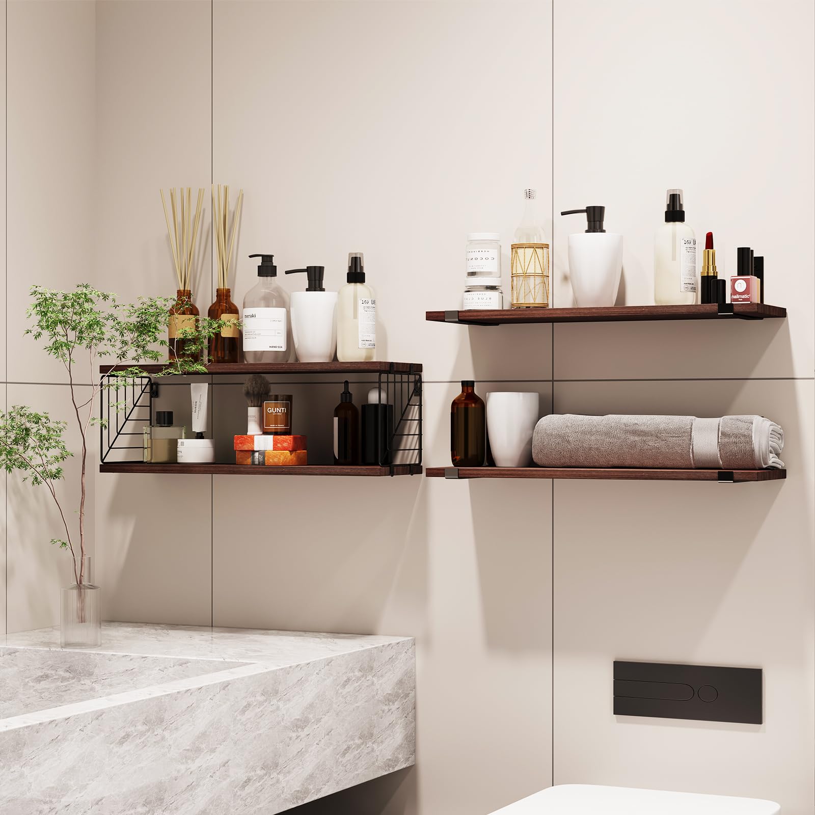 3+1 Tier Bathroom Floating Shelves Over Toilet, 15.8in Farmhouse Rustic Wood Shelves