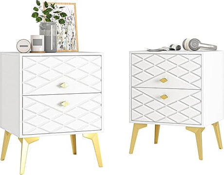 White Night Stands for Bedrooms Set of 2, Modern Bedside Table with 2 Drawers Storage, Wood Nightstand End Side Tables with Golden Metal Legs for Bedroom Living Room