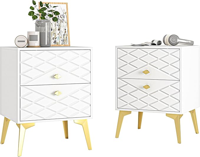 White Nightstand Set of 2, Modern Bedside Table with Gold Handles and Legs, Wood Night Stand End Table with 2 Drawers for Bedroom, Living Room