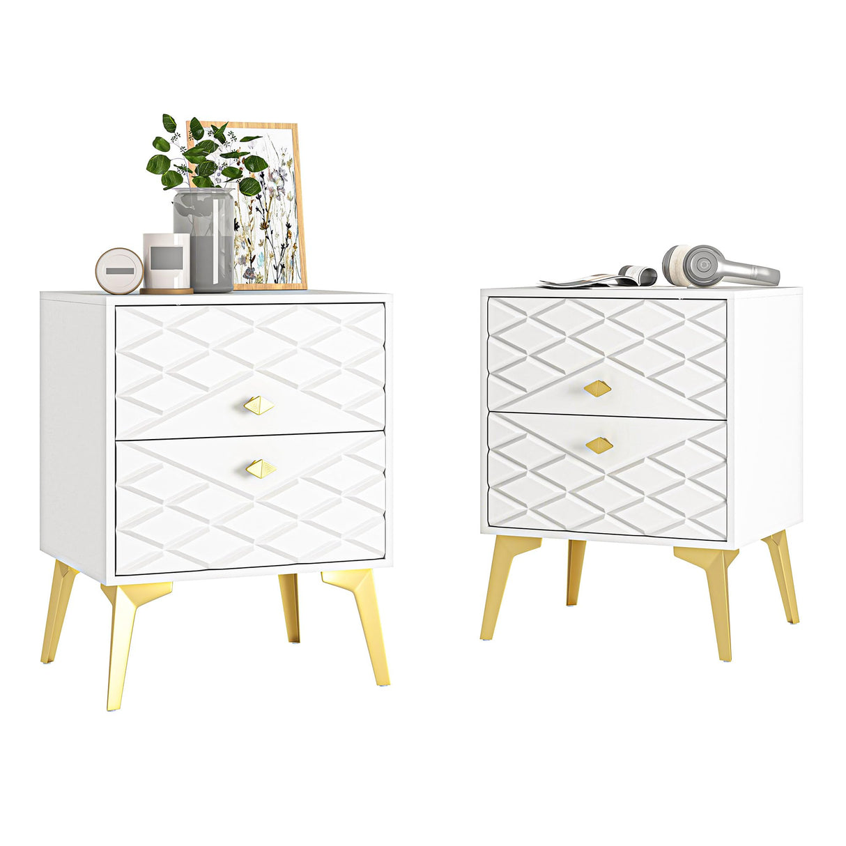 White Nightstand Set of 2, Modern Bedside Table with Gold Handles and Legs, Wood Night Stand End Table with 2 Drawers for Bedroom, Living Room