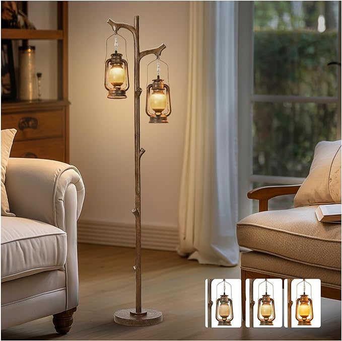 Farmhouse Floor Lamp – 68” Rustic Tree Trunk Lamp with Wicker Drum Shades