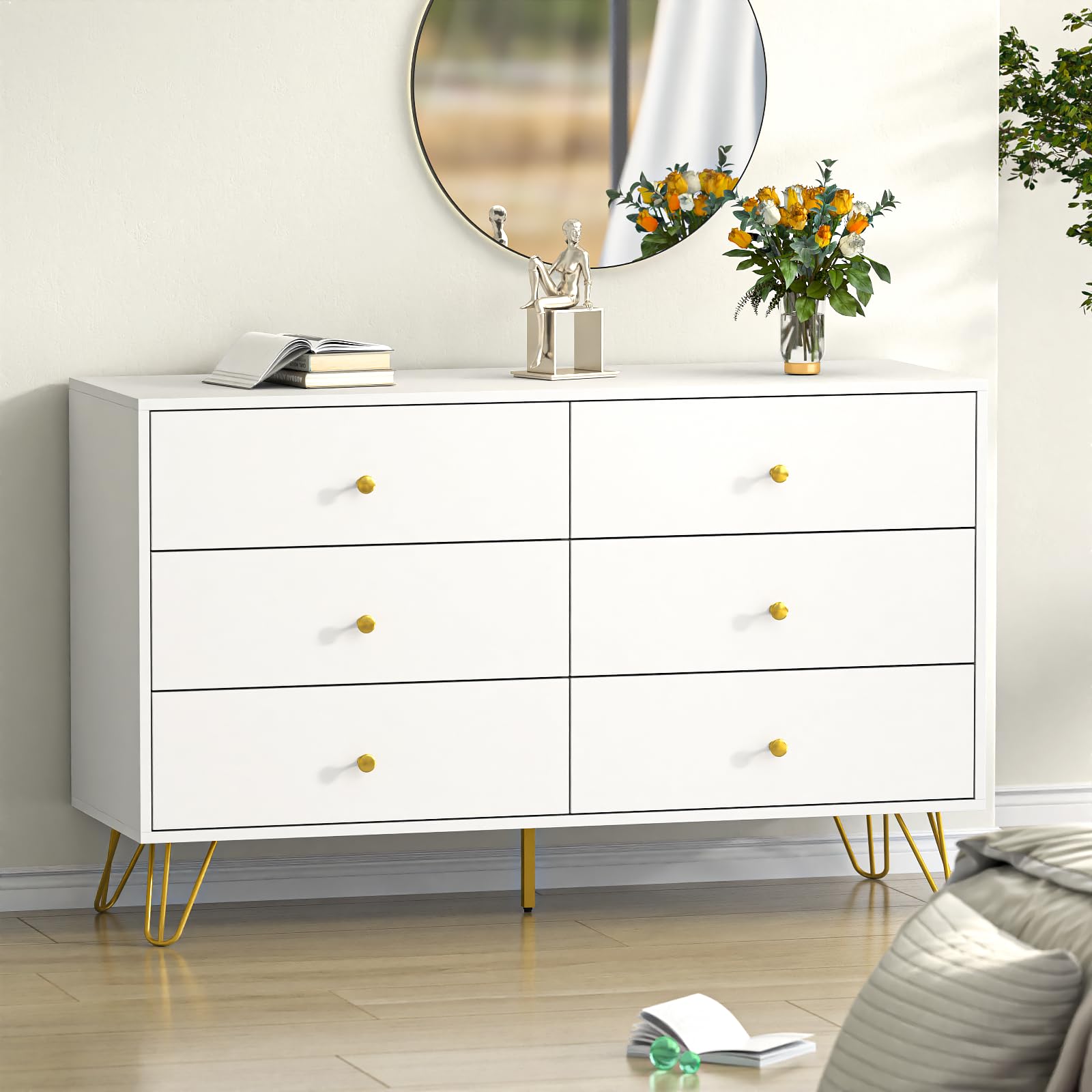 White Dresser for Bedroom, 6 Drawer Dresser with Golden Handles and Golden Legs