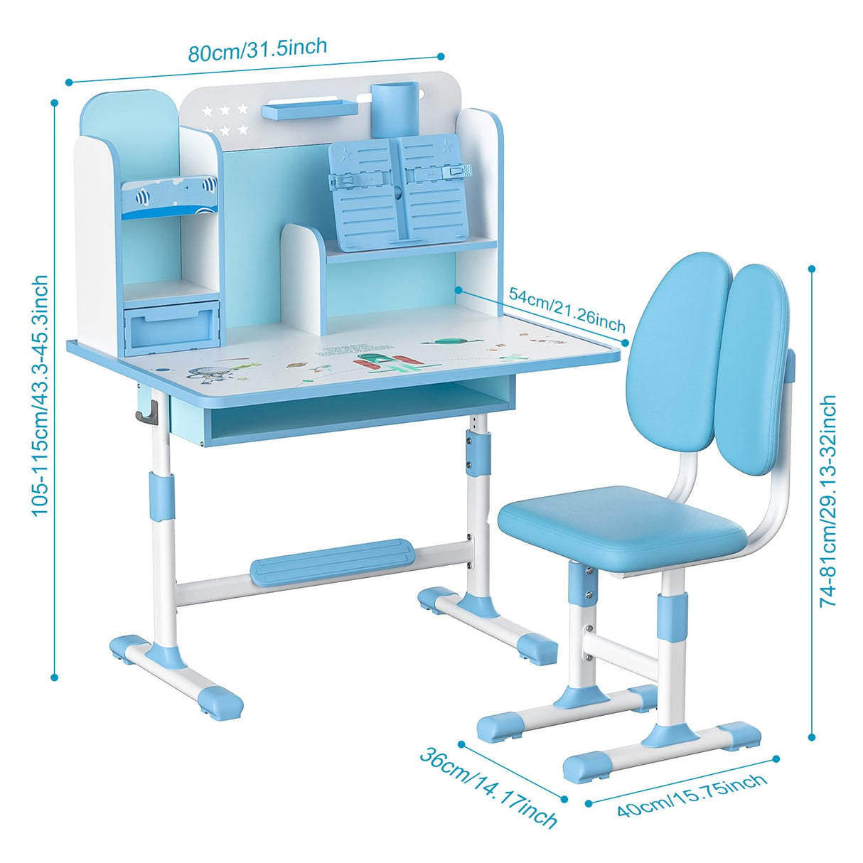 Desk and Chair Set Adjustable Height, Toddler Study Table Kids Table and Chairs with Storage and Drawers for Writing Reading Drawing Blue