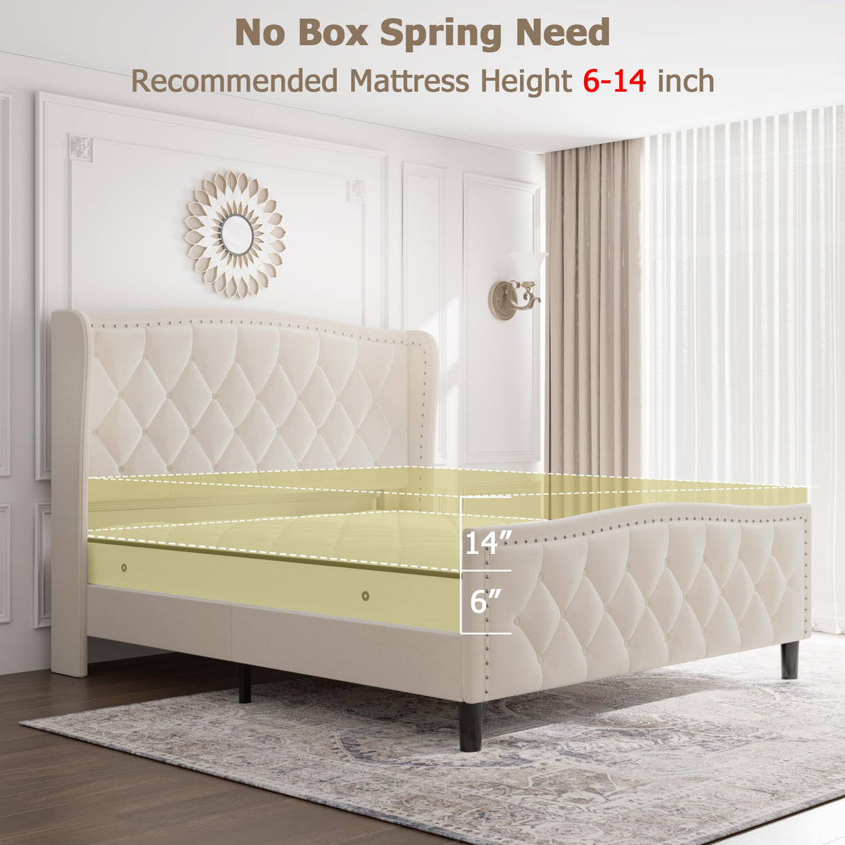 Queen Bed Frame Velvet Upholstered Platform Bed with Wing Side Headboard, Wooden