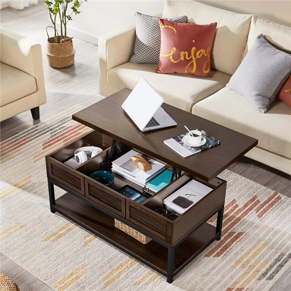 Lift Top Coffee Table with Hidden Compartments & Bottom Open Shelf