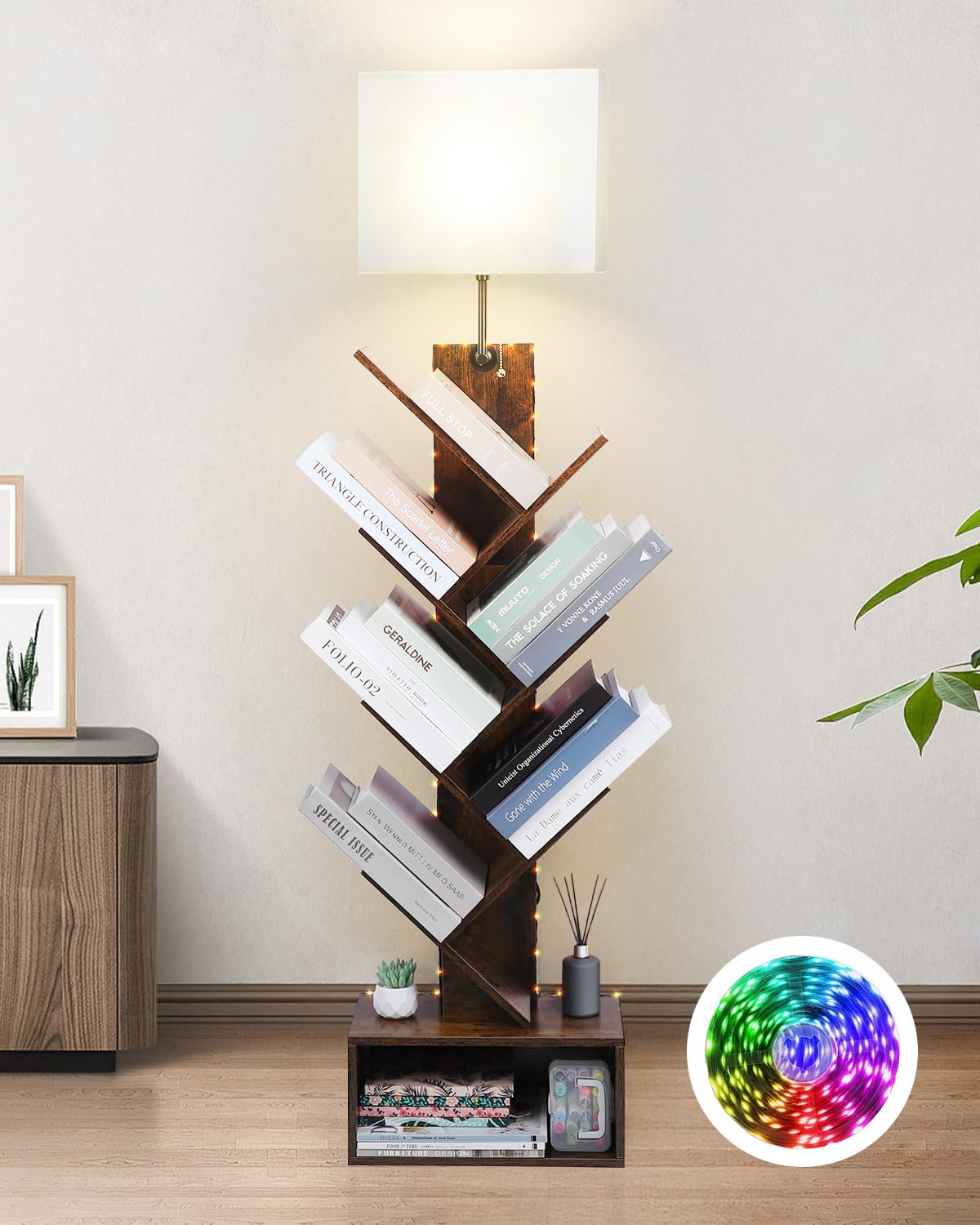 6 Tier Tree Bookshelf with Light,Tall Floor Standing Book Shelf Organizer for Kids