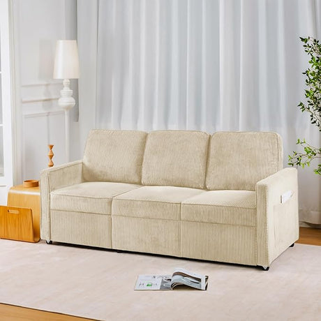 Sofa Couches for Living Room,72'' Beige 3 Seat Retractable Couch with Storage Bag,Modern Corduroy Convertible Single/Loveseat Sofas Suitable For Living Rooms, Apartments,Small Space