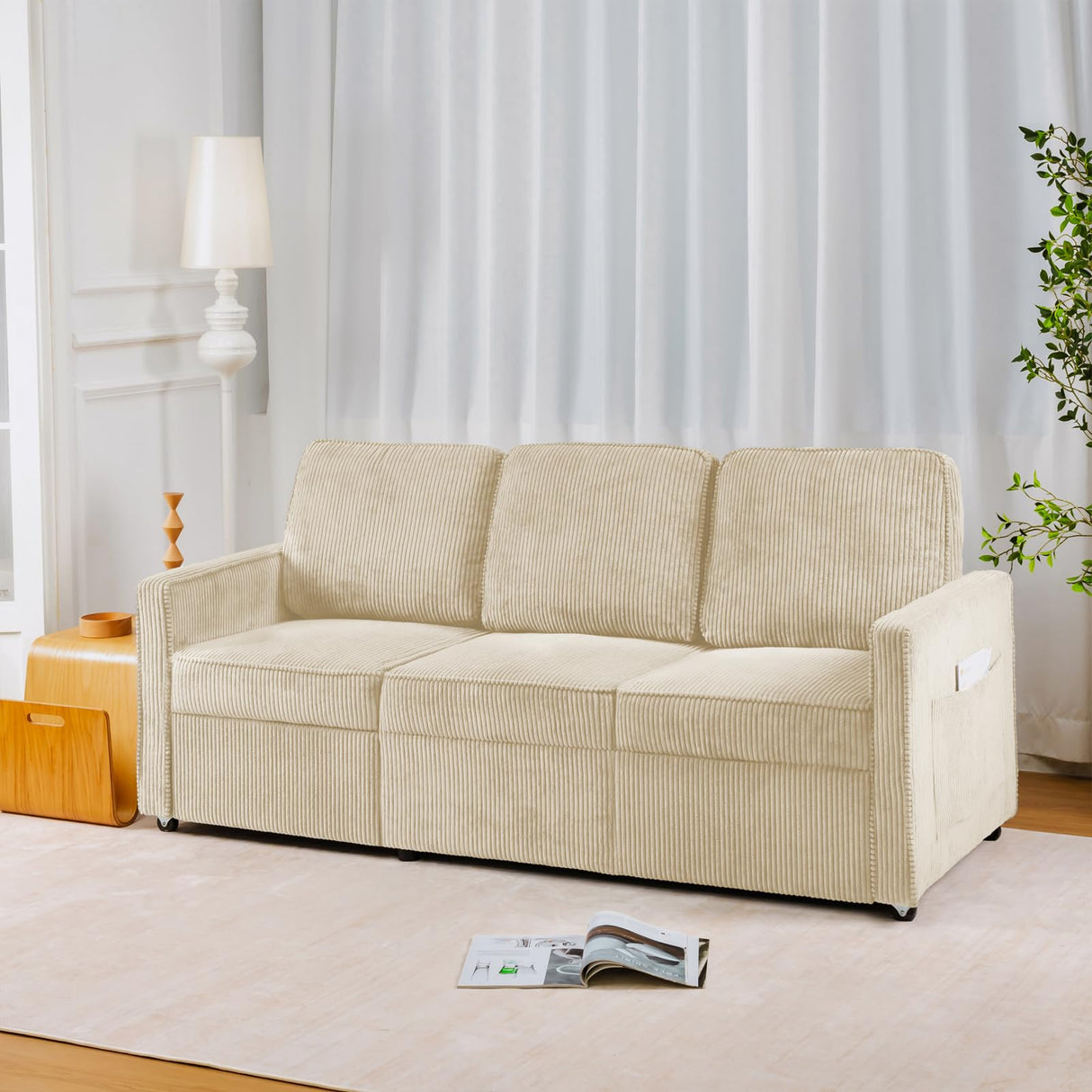 Sofa Couches for Living Room,72'' Beige 3 Seat Retractable Couch with Storage Bag,Modern Corduroy Convertible Single/Loveseat Sofas Suitable For Living Rooms, Apartments,Small Space