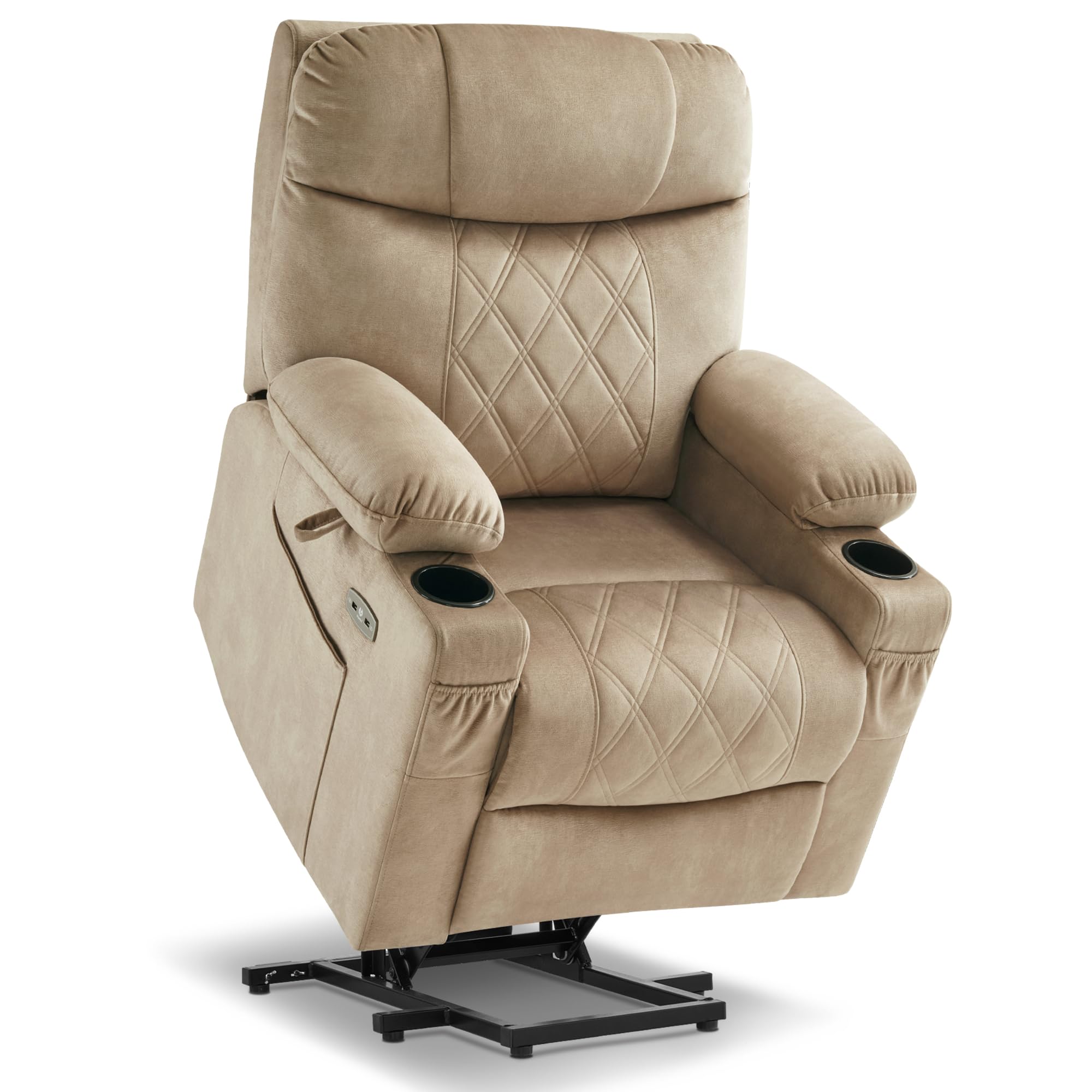 Lay Flat Dual Motor Power Lift Recliner Chair Sofa with Massage and Dual Heating, Adjustable Headrest for Elderly People Petite, USB Ports, Extended Footrest, Fabric 7222 (Beige)