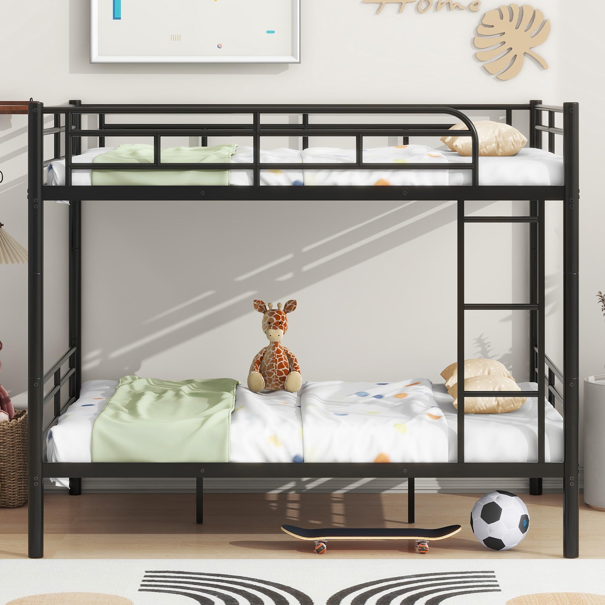 Beds with Ladder and high Guardrail, Convertible Bed Frame, Heavy Duty Metal Slat Full