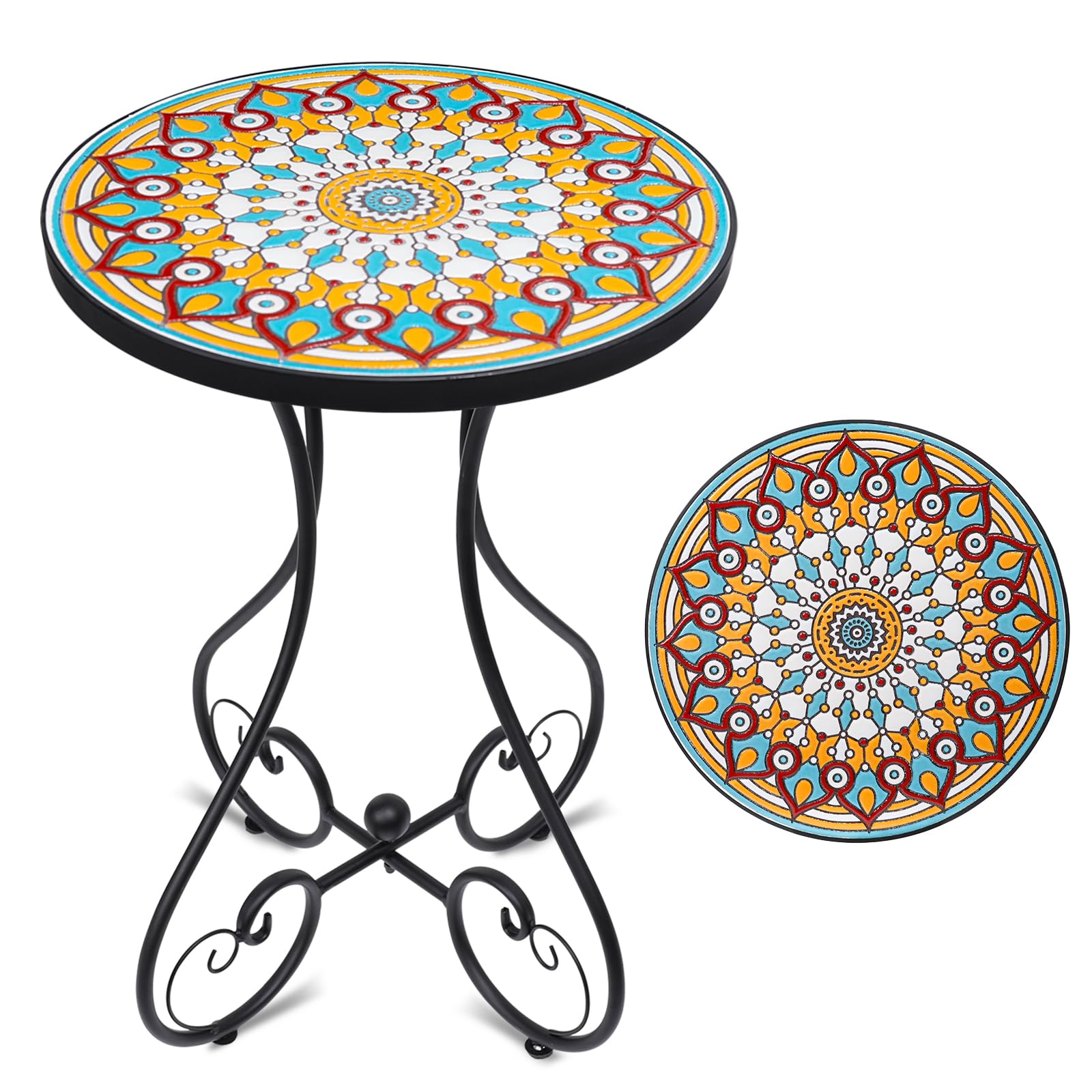 VCUTEKA Mosaic Outdoor Side Table, Round Rustproof Patio Table with 14" Ceramic Tile Top, Indoor Porch Accent Table for Yard, Garden, Living Room, Bistro Balcony - Bircata