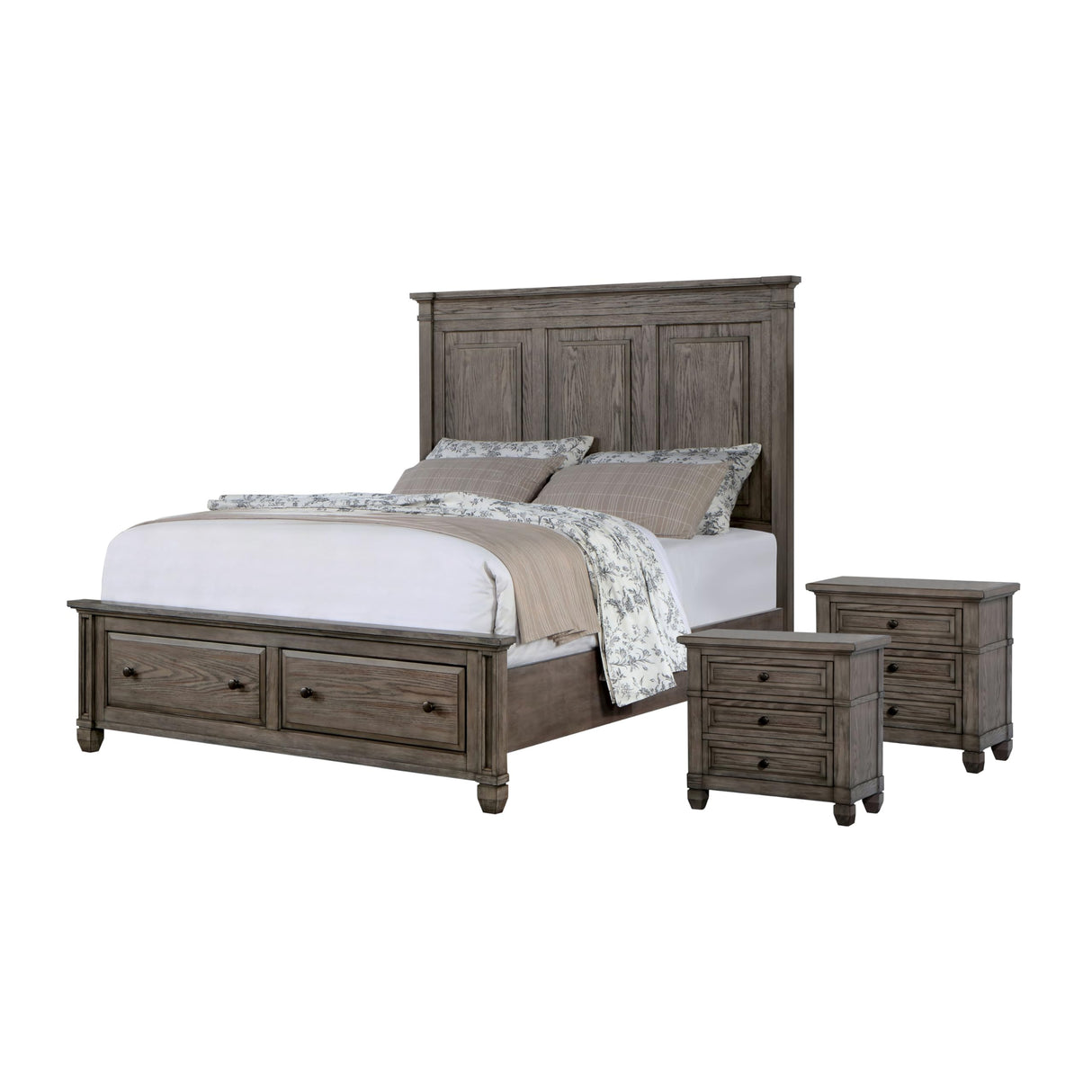 Furniture of America Xephyr Solid Wood 3-Piece Bedroom Set, Queen-Size Bed with Footboard Drawers, Felt-Lined Top Storage and USB Port on Nightstand, Box Spring Required, Warm Gray