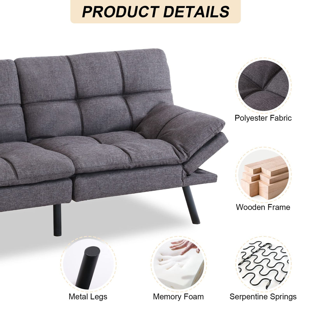 Couch,Convertible, Memory Foam Sleeper, Adjustable Modern Loveseat,Futon