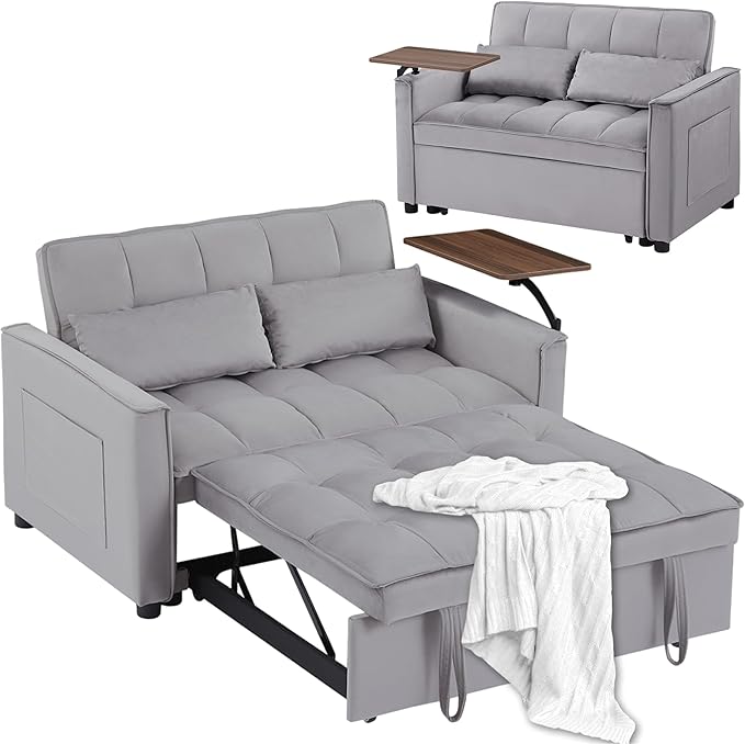 3 in 1 Sleeper Sofa Couch Bed, Modern Velvet Convertible Sofa Bed with Adjustable Backrest & 2 Pillows, Hidden Side Table, Pull-Out Sofa Bed for Living Room Bedroom, Grey