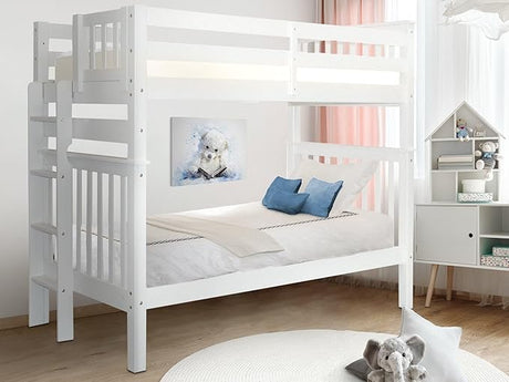 Tall Bunk Beds Twin over Twin Mission Style with End Ladder, White