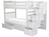 Bedz King Tall Stairway Bunk Beds Twin over Twin with 4 Drawers in the Steps and 2 Under Bed Drawers, White