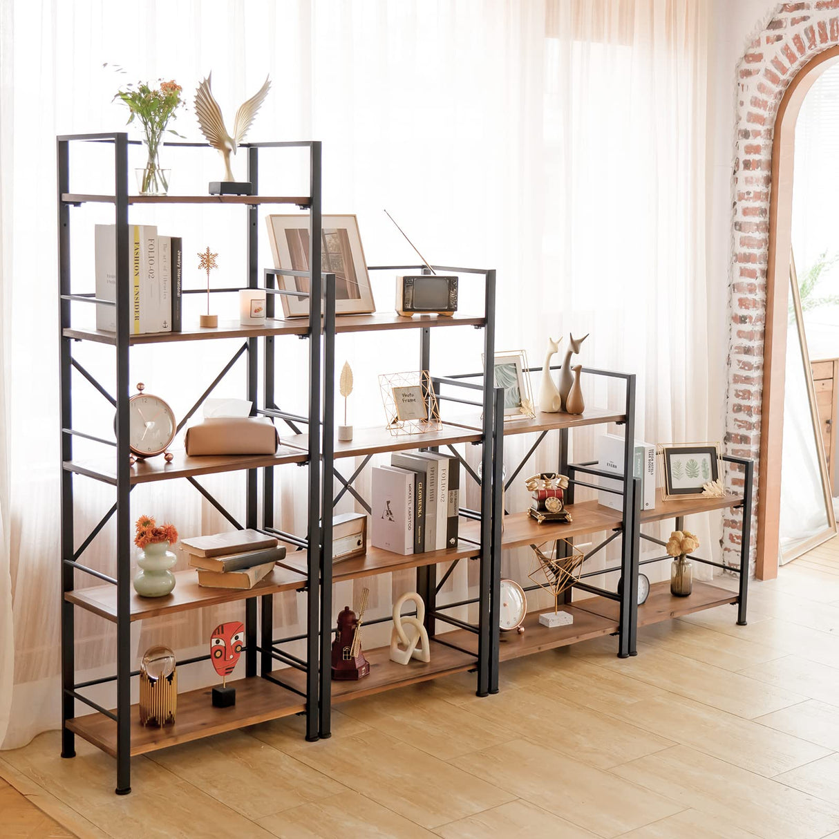 Rustic Bookshelf, 3 Tier Real Wood Bookshelf, Metal Book Shelf for Storage, Black Bookcase, 12.6" D x 23.62" W x 36.61" H