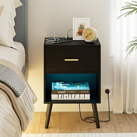 Nightstand with Charging Station and LED Lights, Small Side Table, Bedside Table