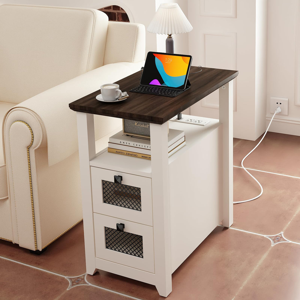 Farmhouse XXL End Table with Charging Station, Narrow Side Table