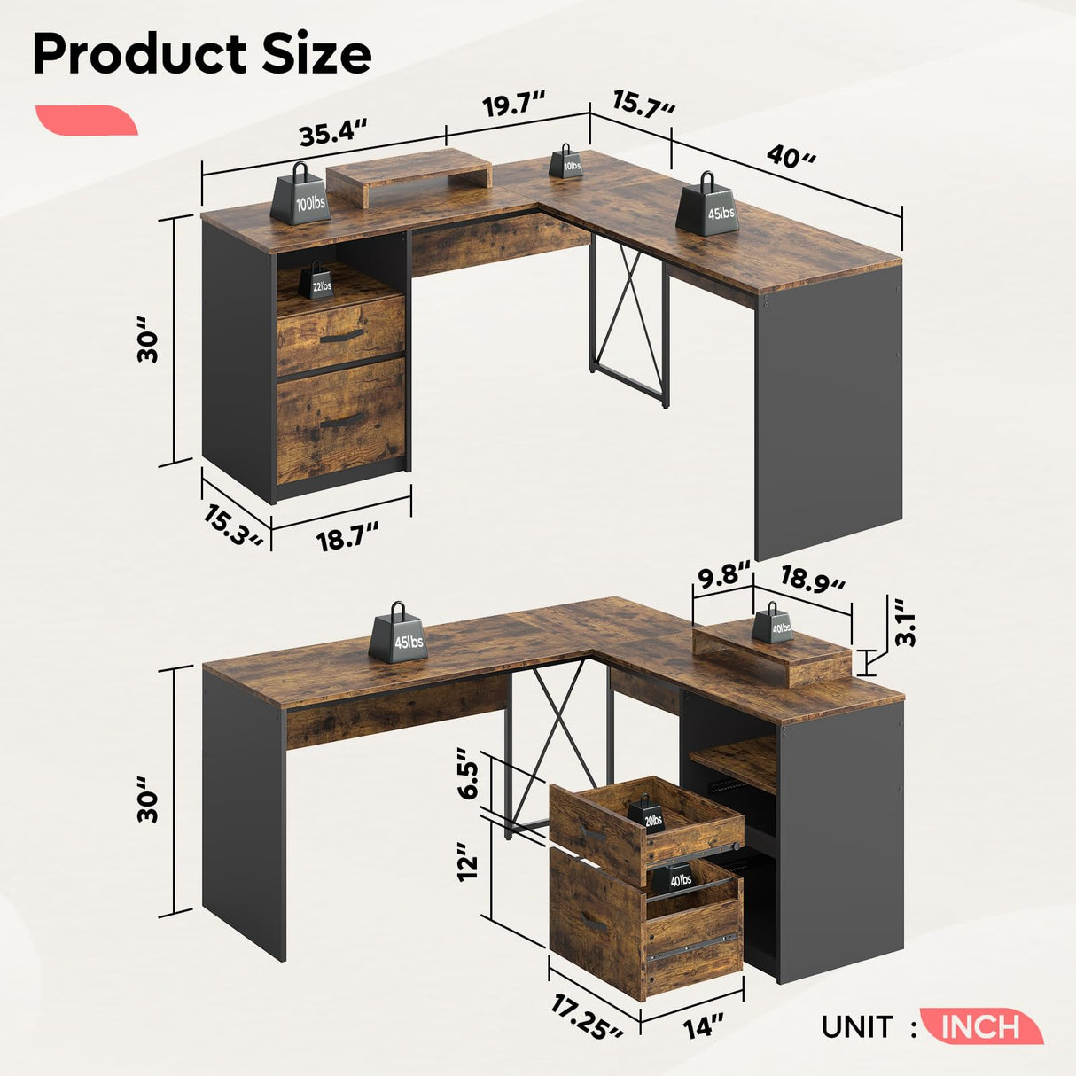 Bestier L Shaped Desk with Drawers, 55 inch Office L Desk with Reversible File Drawer, Industrial Wood Computer Desk with Monitor Stand (Rustic Brown)