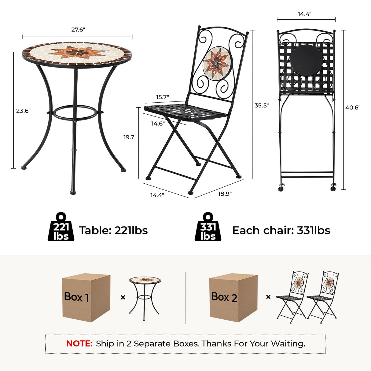 3 Pieces Patio Bistro Sets, Outdoor Mosaic Bistro Set with 2 Folding Chairs, Mosaic Round