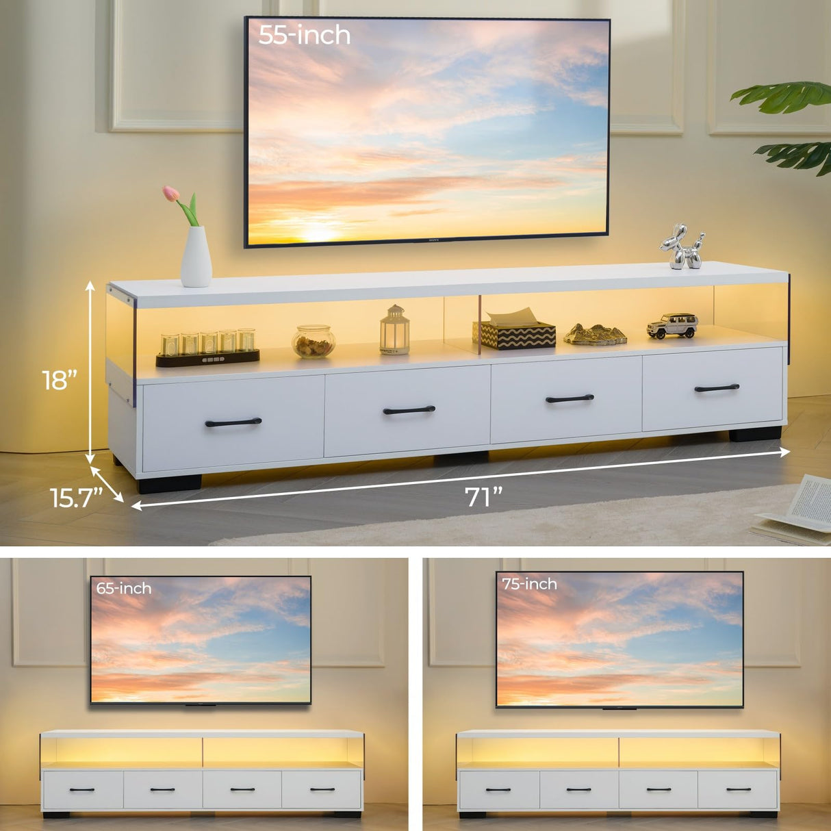 Modern 75 Inch TV Stand with LED Lights and Storage