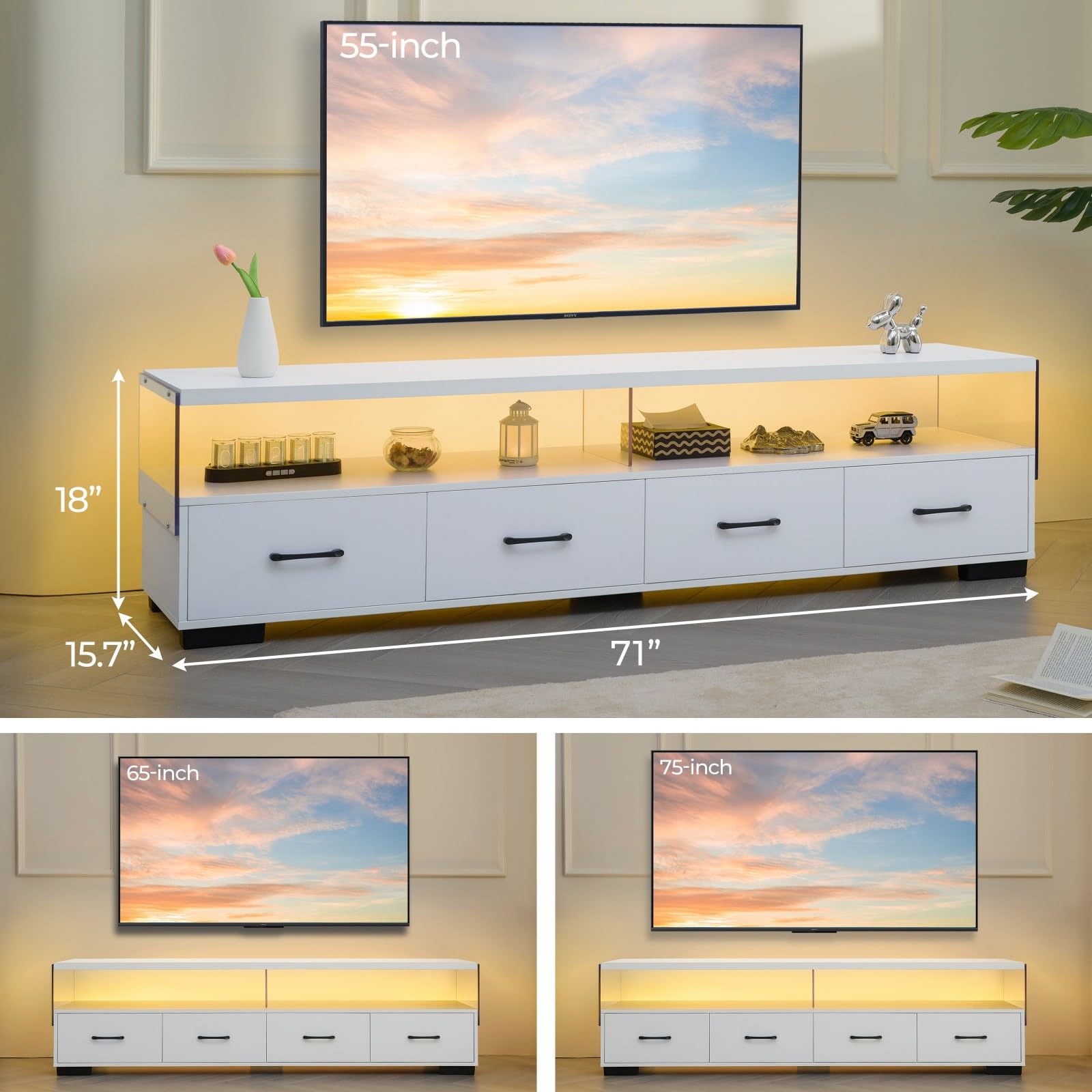 Modern 75 Inch TV Stand with LED Lights and Storage